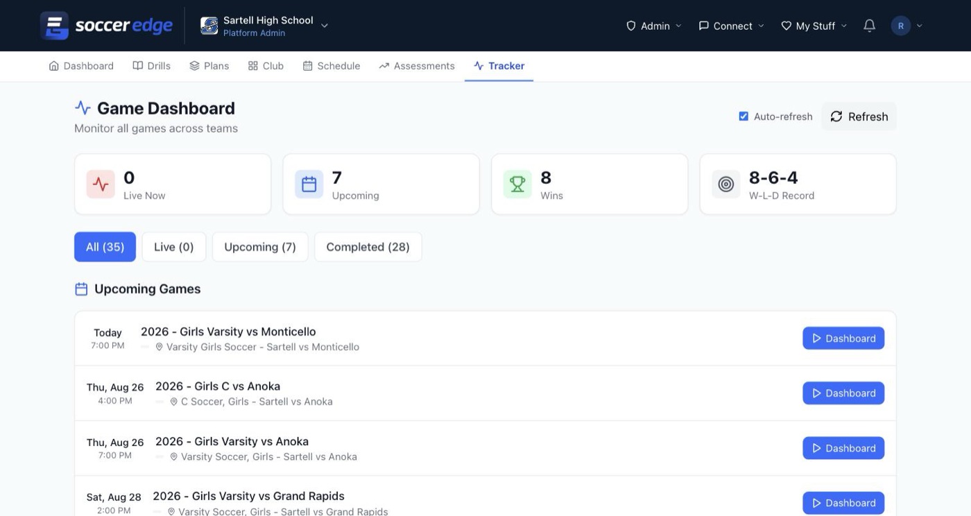 The game dashboard for a high school program: thirty-five games this season, a season record, and upcoming games with a Dashboard button on each