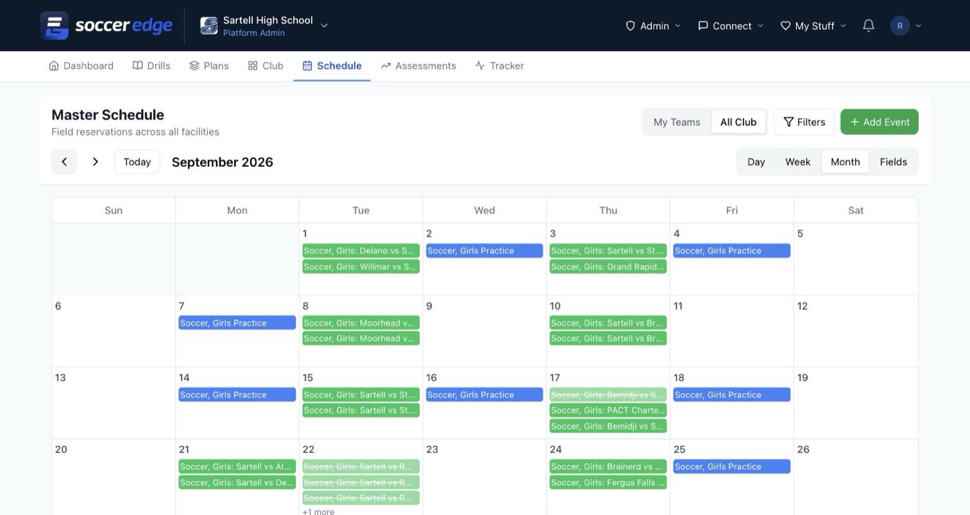 The master schedule in month view for September: games and practices across all teams, with a cancelled game shown struck through
